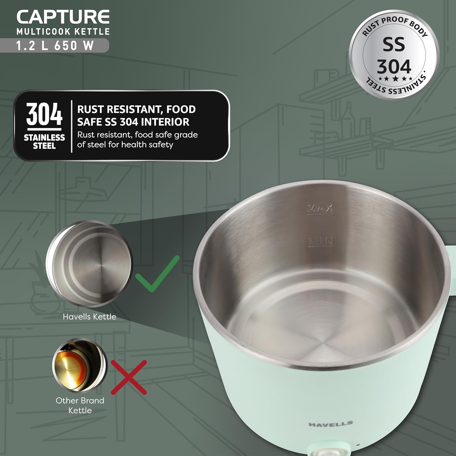 Havells Capture 1.2 L Multi-Cook Electric Kettle with Steamer | 650W